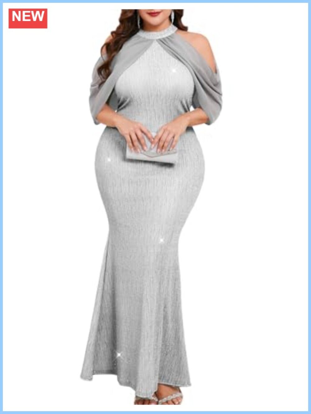 Plus Size Sparkly Halter Neck Bodycon Mermaid Maxi Dress Cape Sleeve Formal